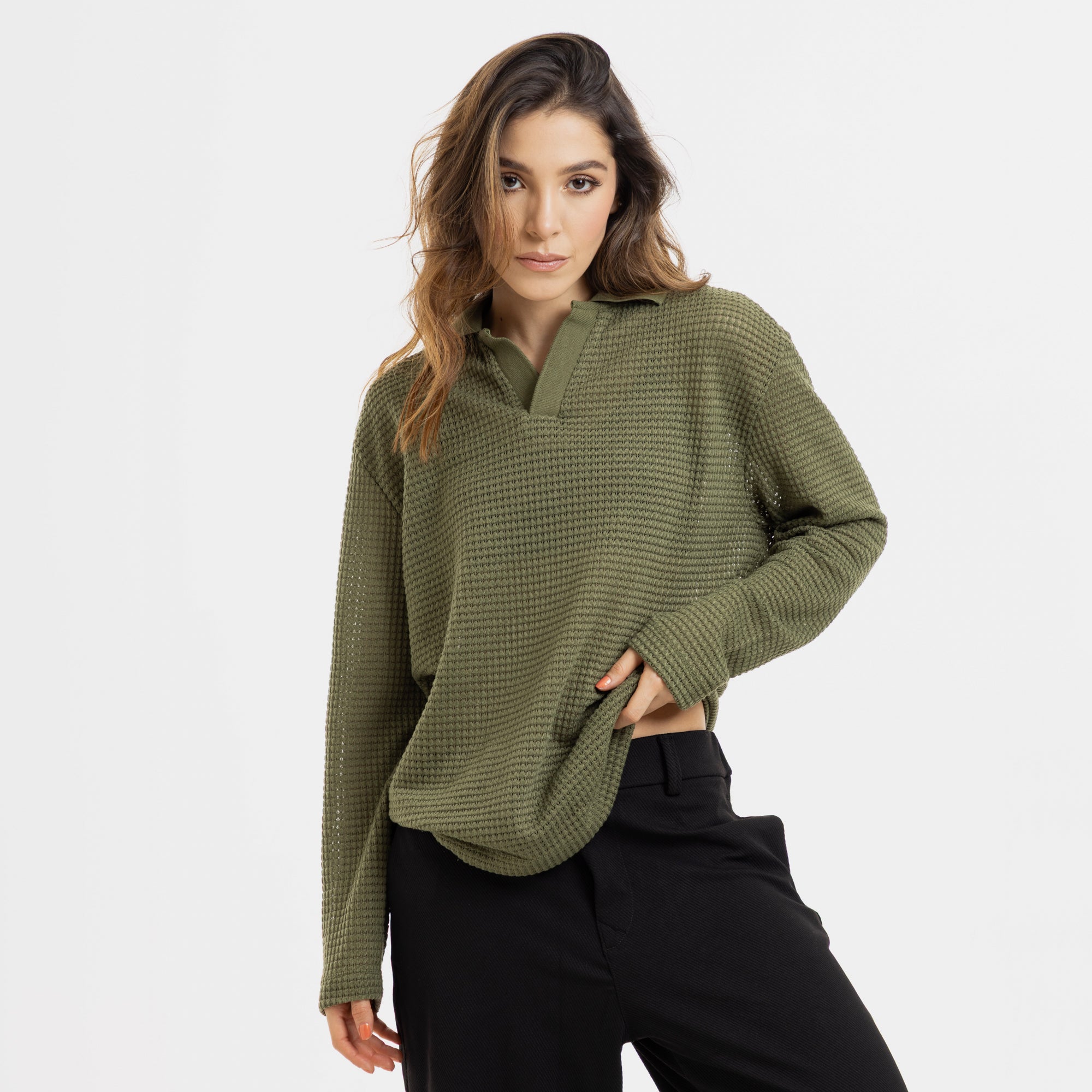 Waffle Polo Sweater Verde Oliva WOMAN