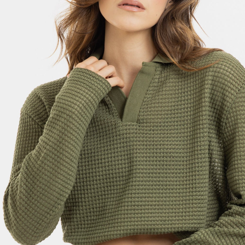 Waffle Polo Sweater Verde Oliva WOMAN