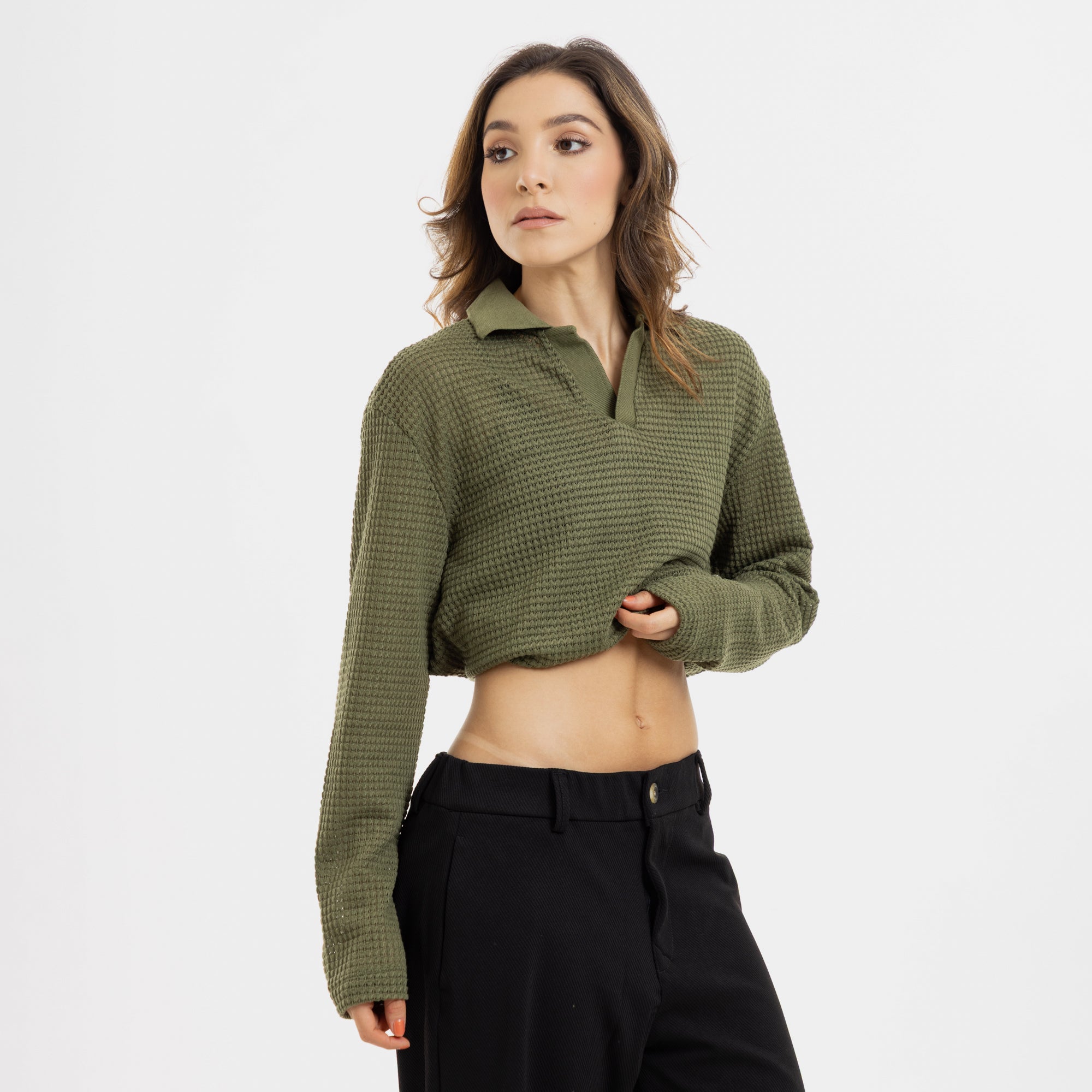 Waffle Polo Sweater Verde Oliva WOMAN