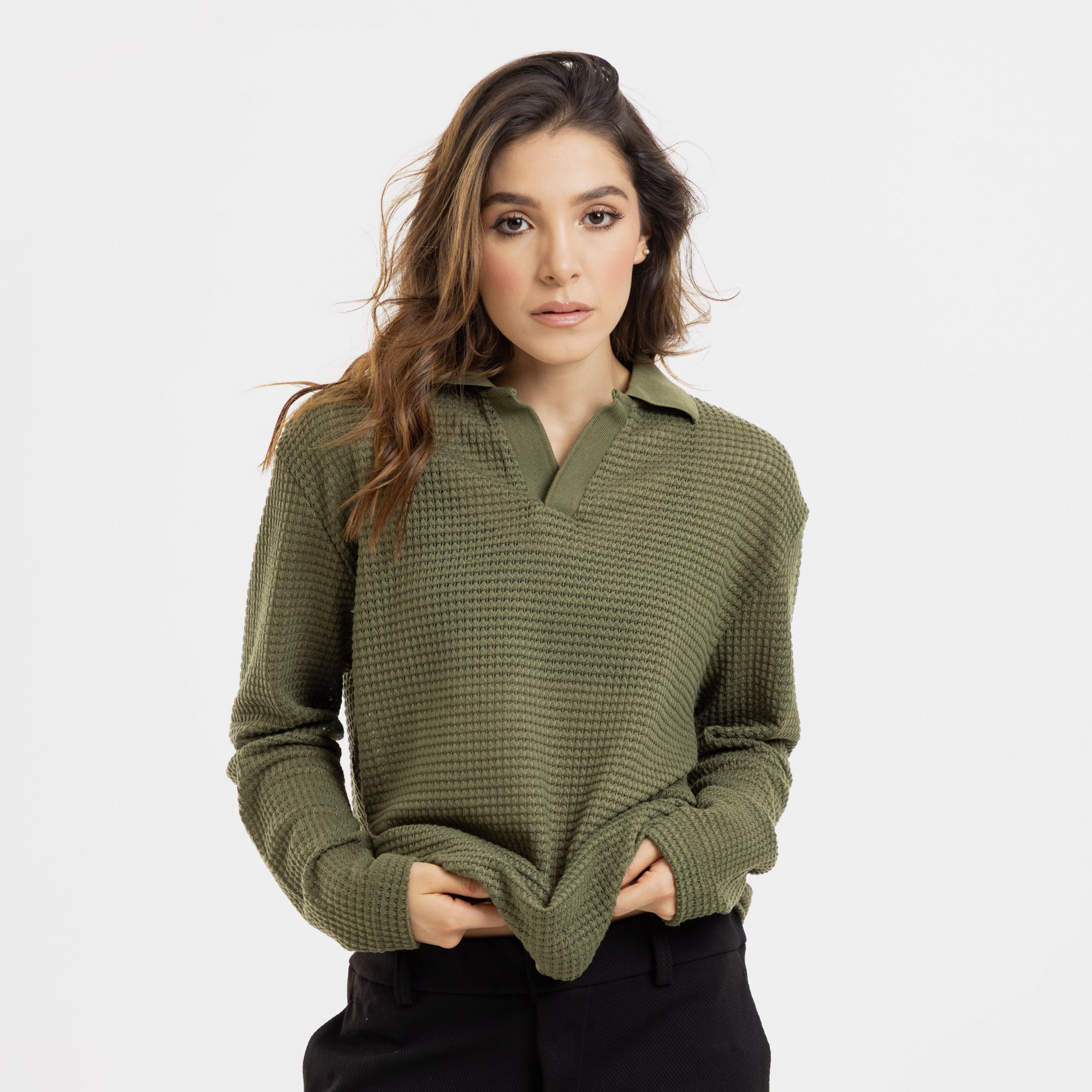 Waffle Polo Sweater Verde Oliva WOMAN
