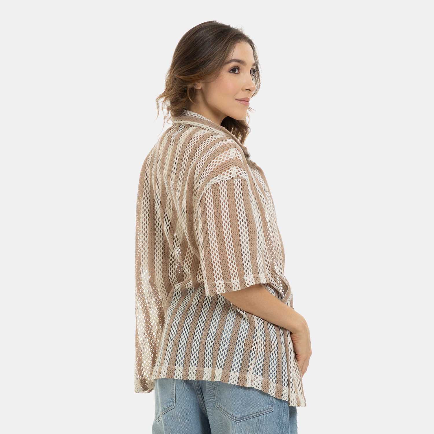 Mesh Striped Shirt Kaki WOMEN