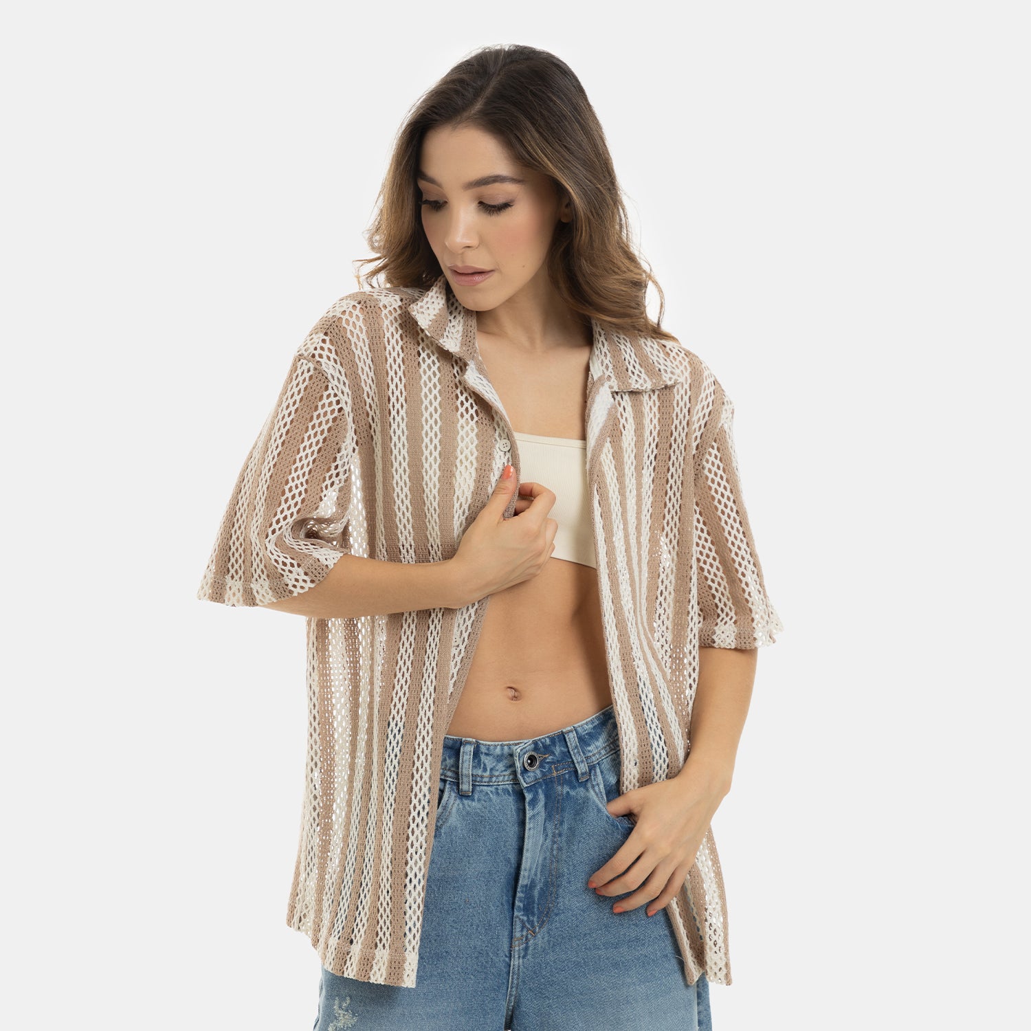 Mesh Striped Shirt Kaki WOMEN