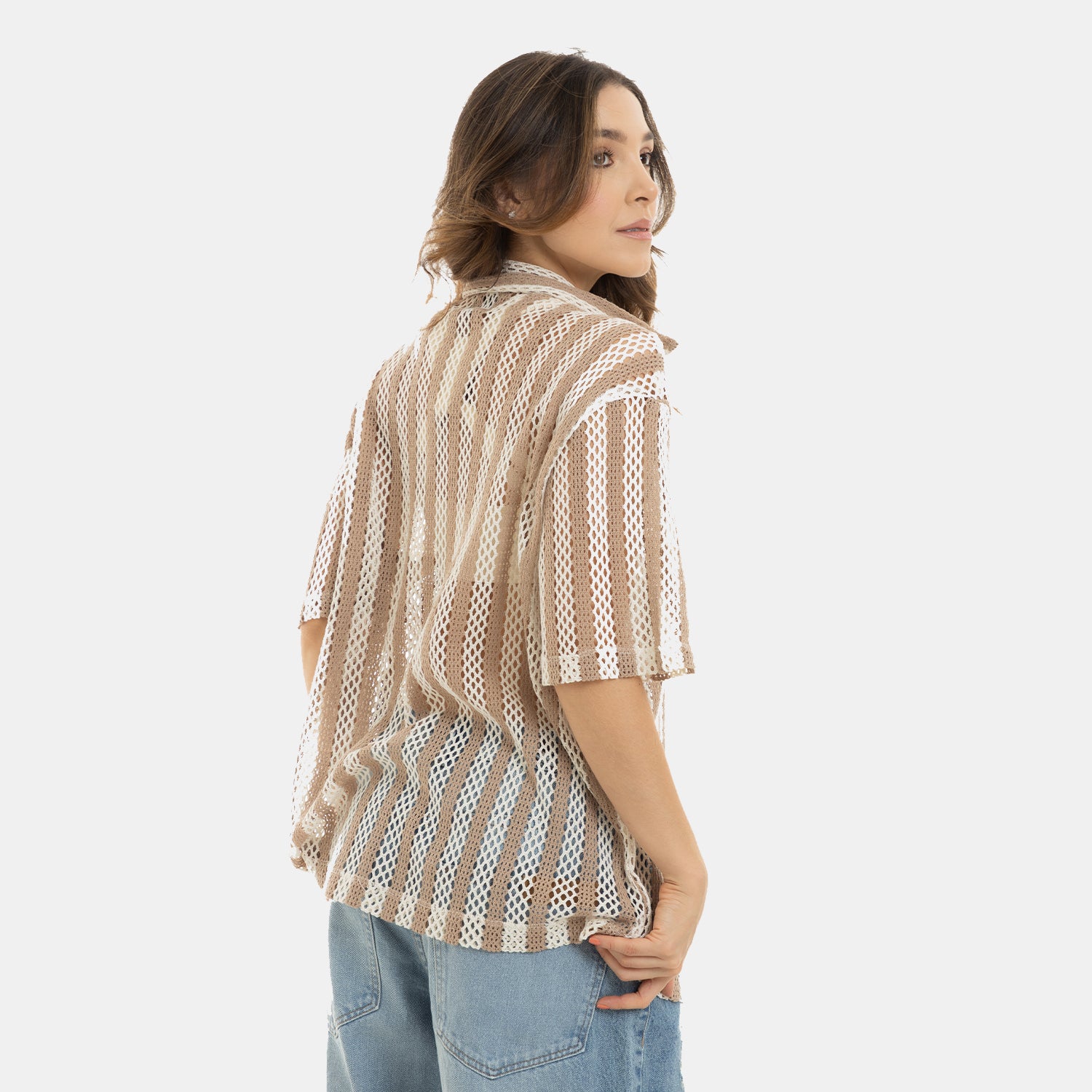Mesh Striped Shirt Kaki WOMEN