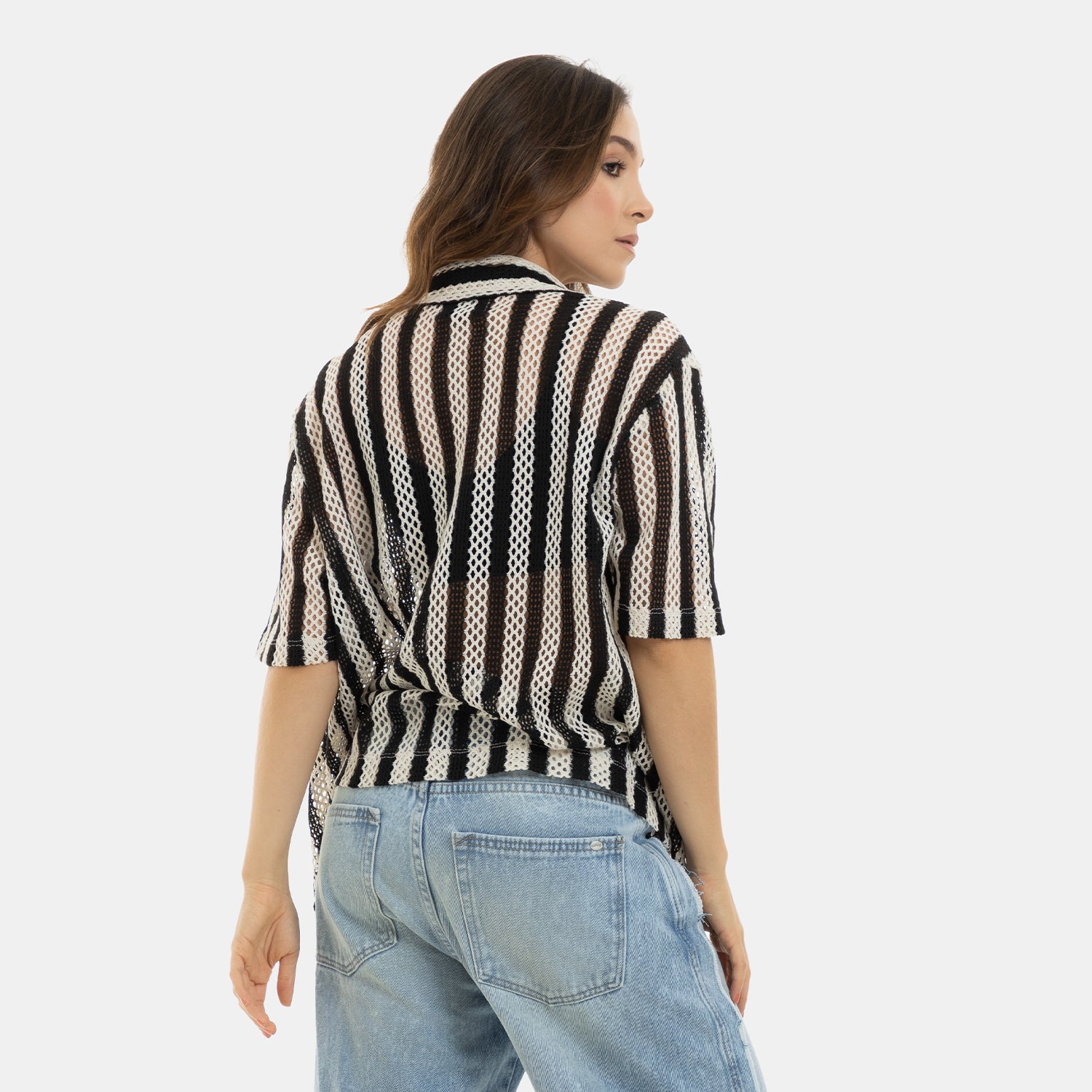 Mesh Striped Shirt Black WOMAN