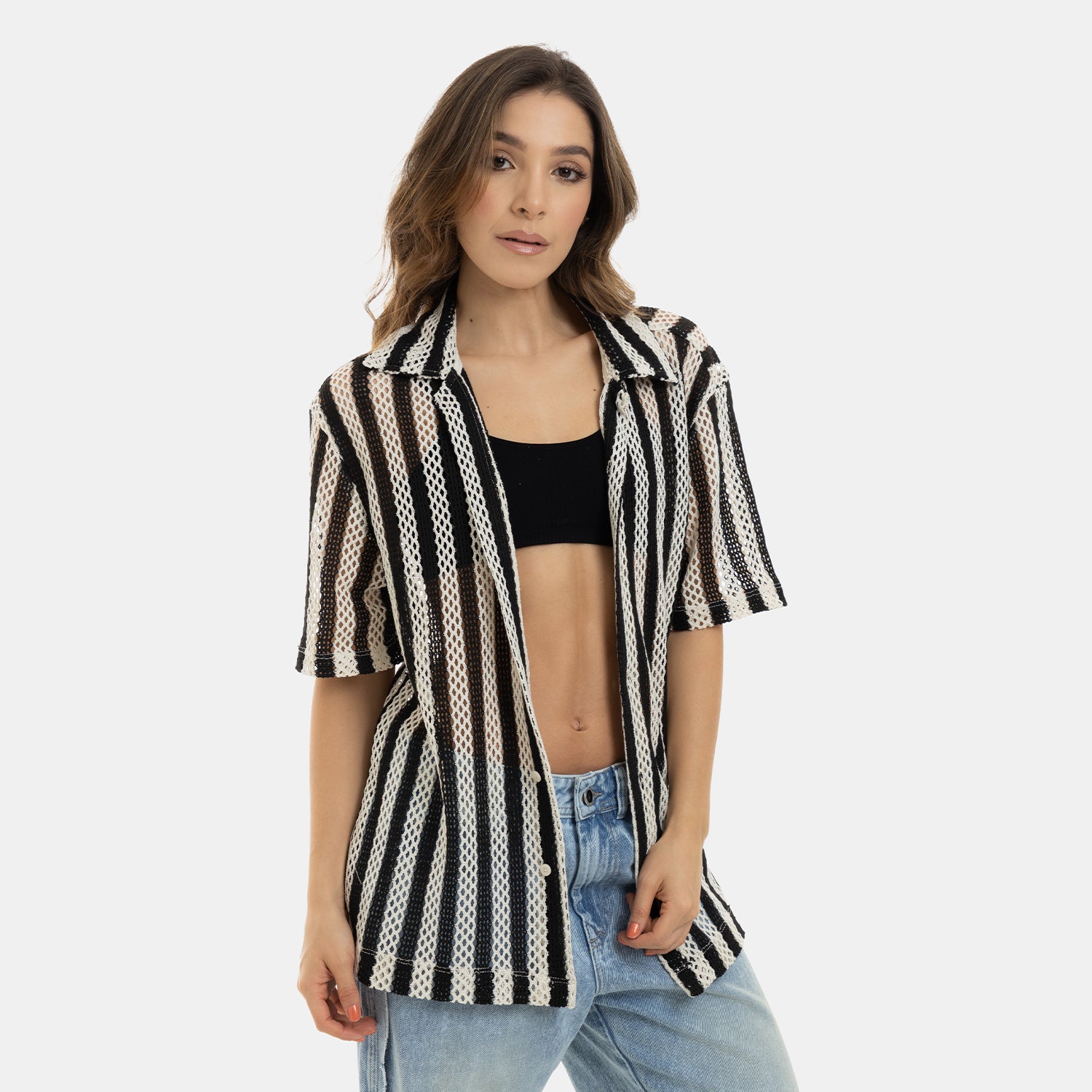 Mesh Striped Shirt Black WOMAN