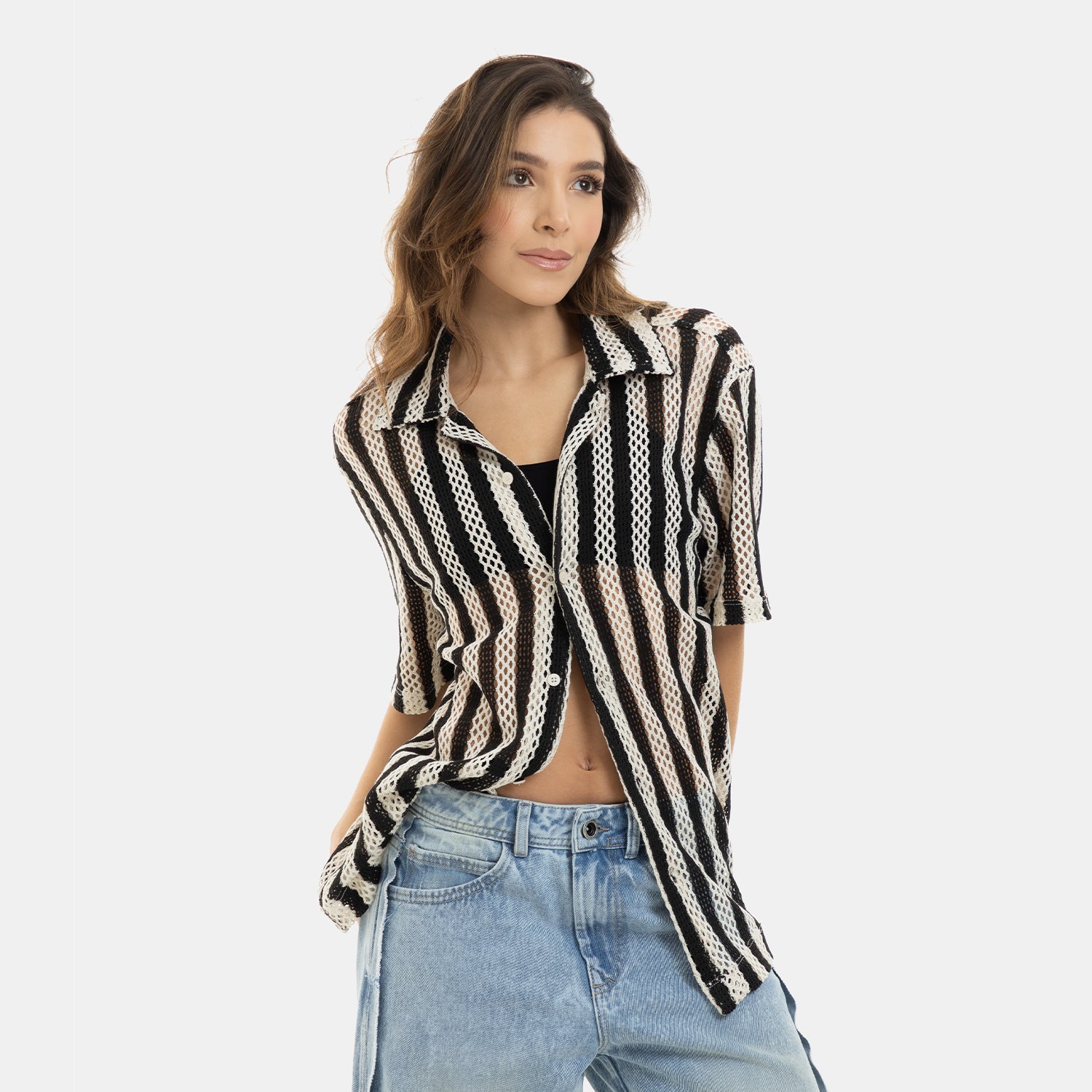 Mesh Striped Shirt Black WOMAN
