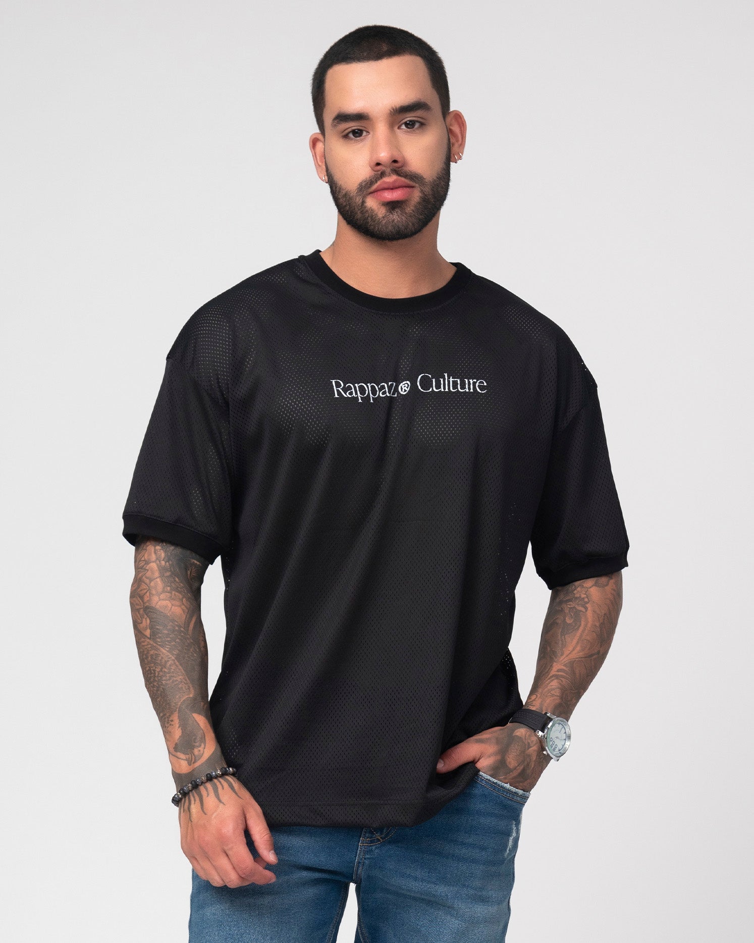 Camiseta Over size Tendencia Malla Estampado Frontal Marca Rappaz
