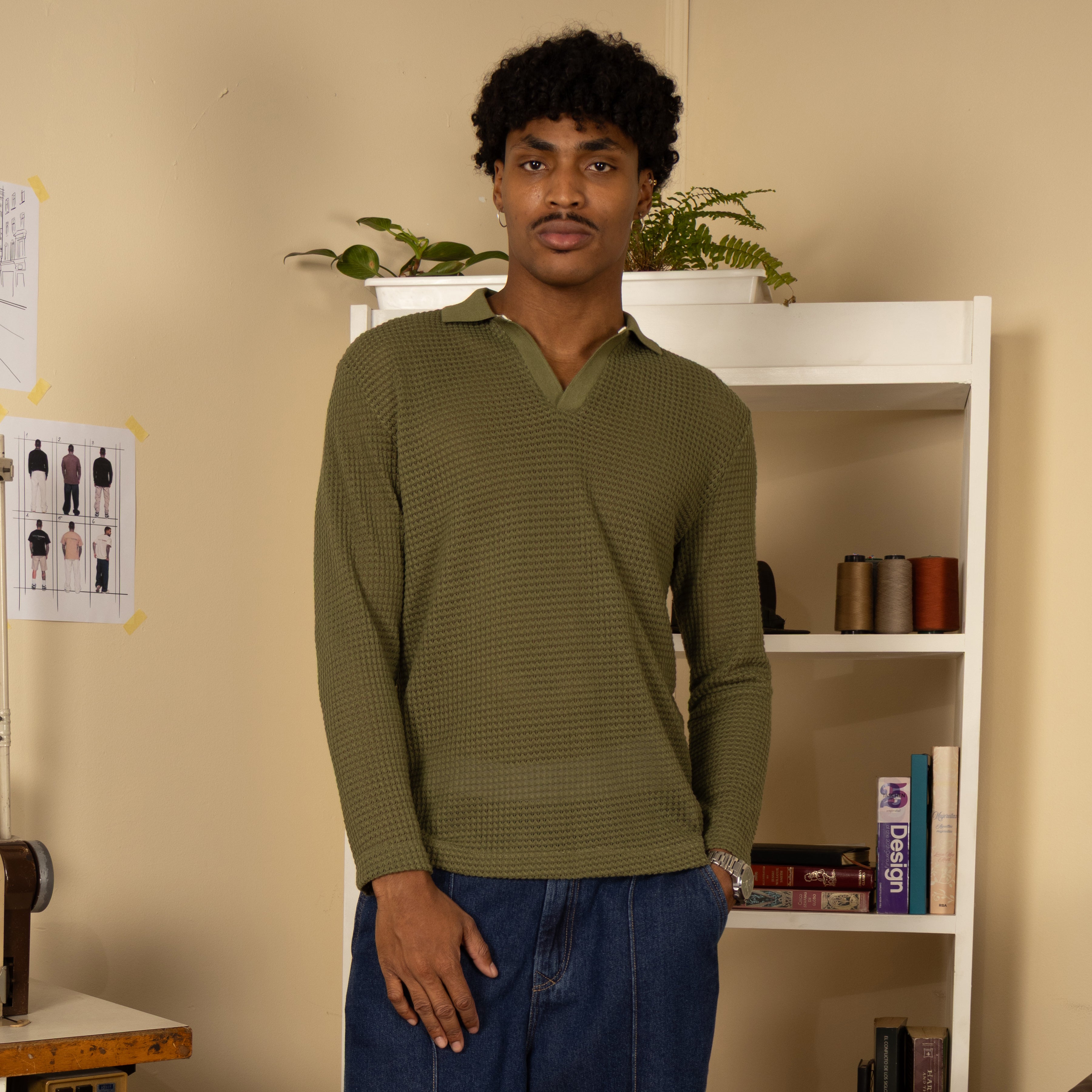 Waffle Polo Sweater Verde Oliva