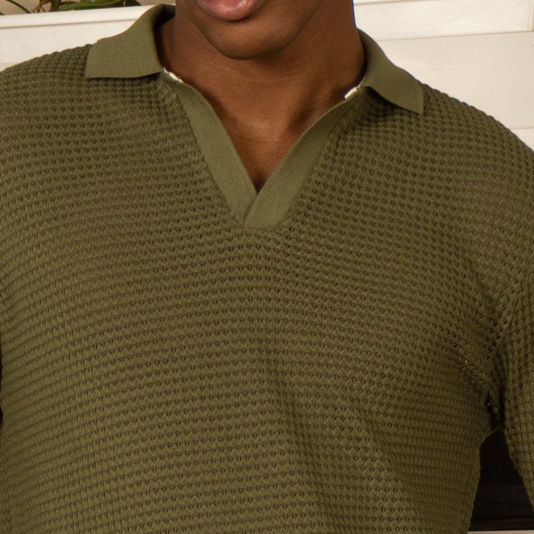 Waffle Polo Sweater Verde Oliva