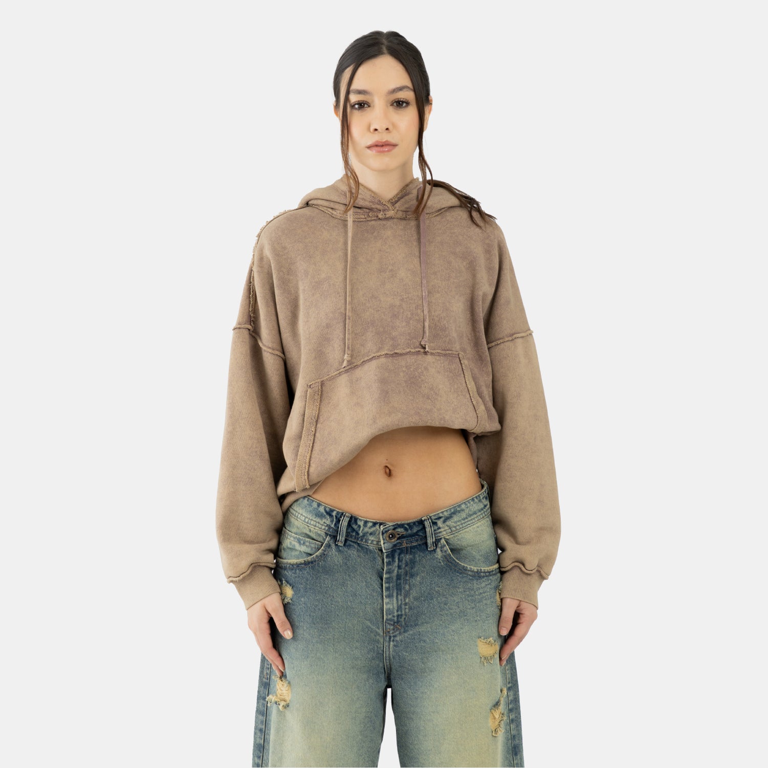 Acid Wash Hoodie Camel WOMAN