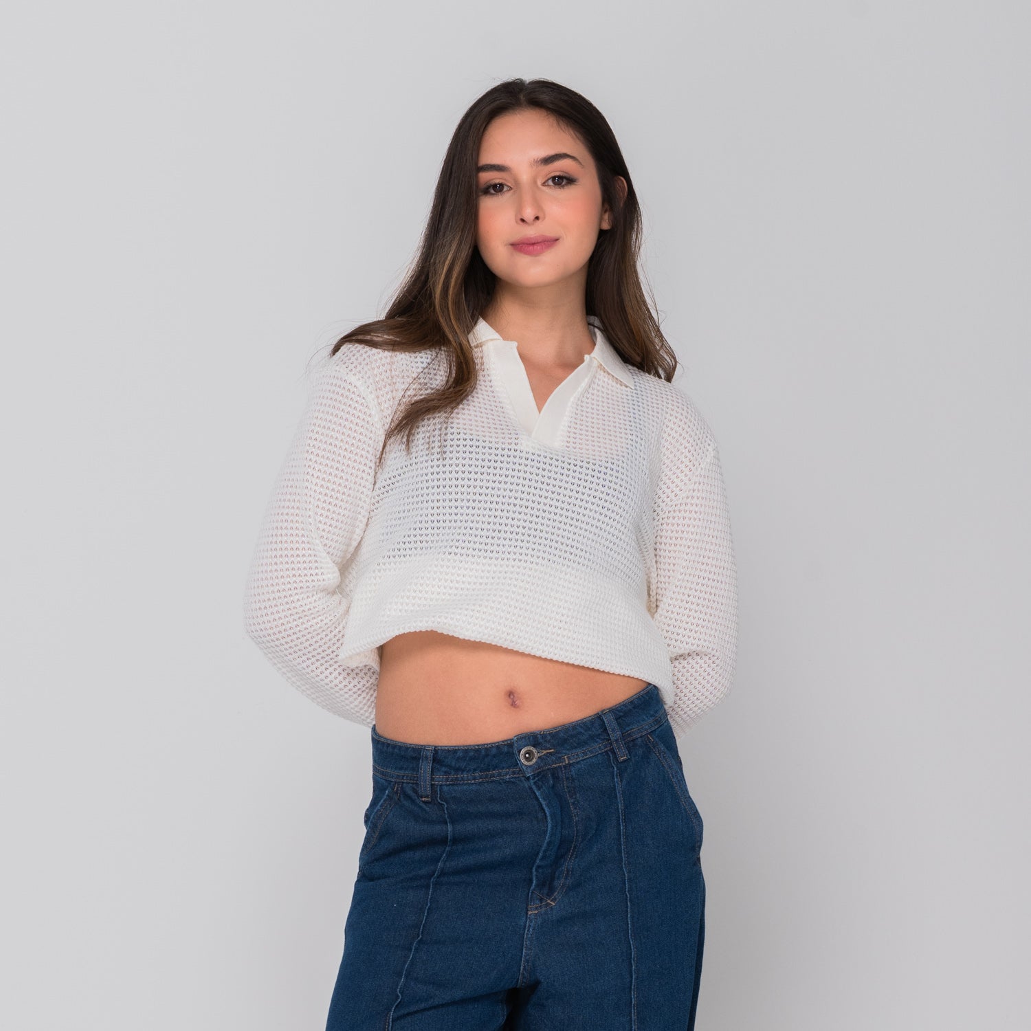 Waffle Polo Sweater Ivory
