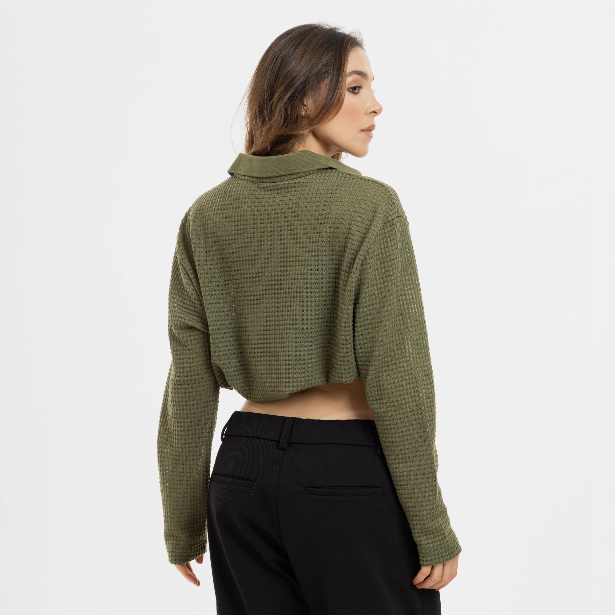 Waffle Polo Sweater Verde Oliva WOMAN