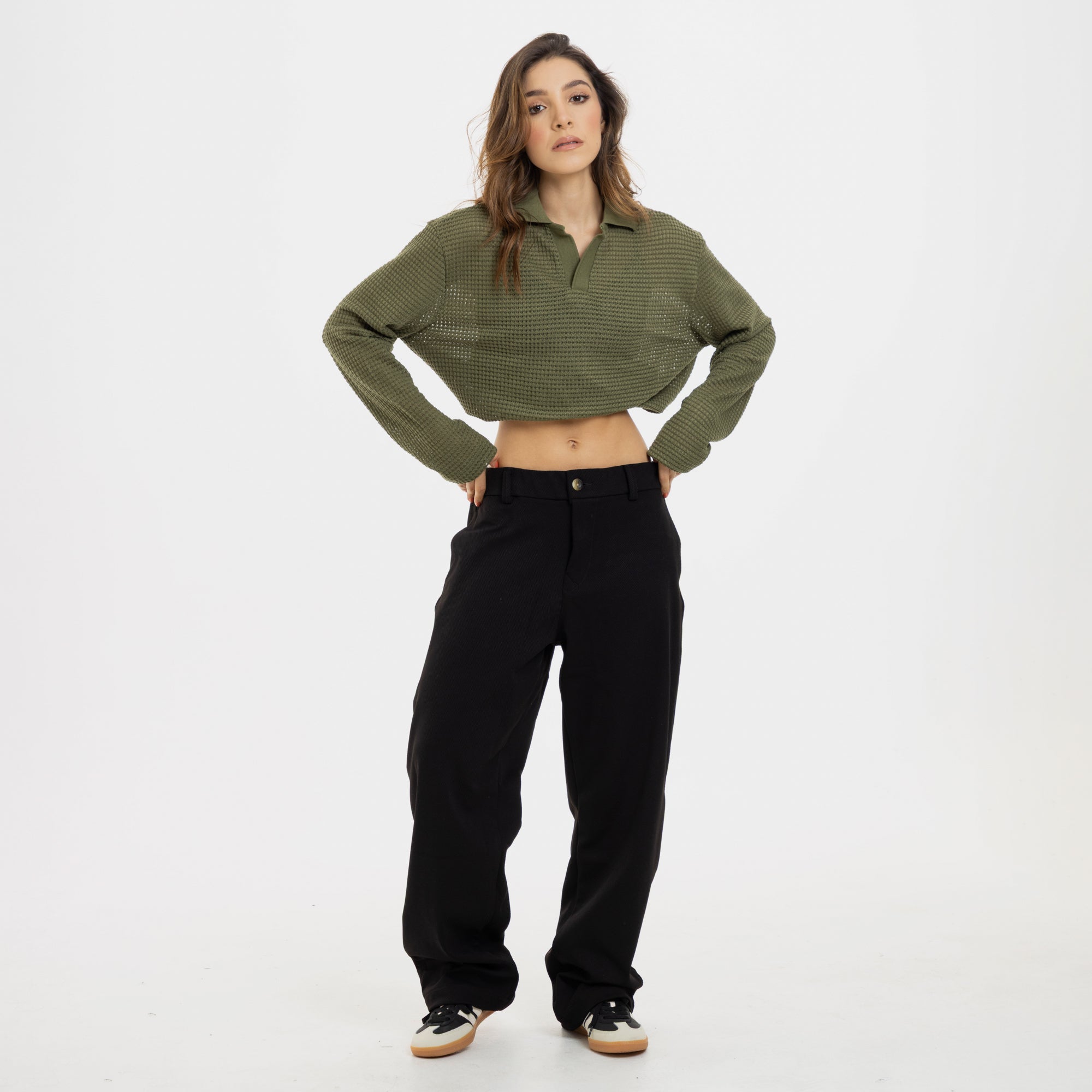 Waffle Polo Sweater Verde Oliva WOMAN