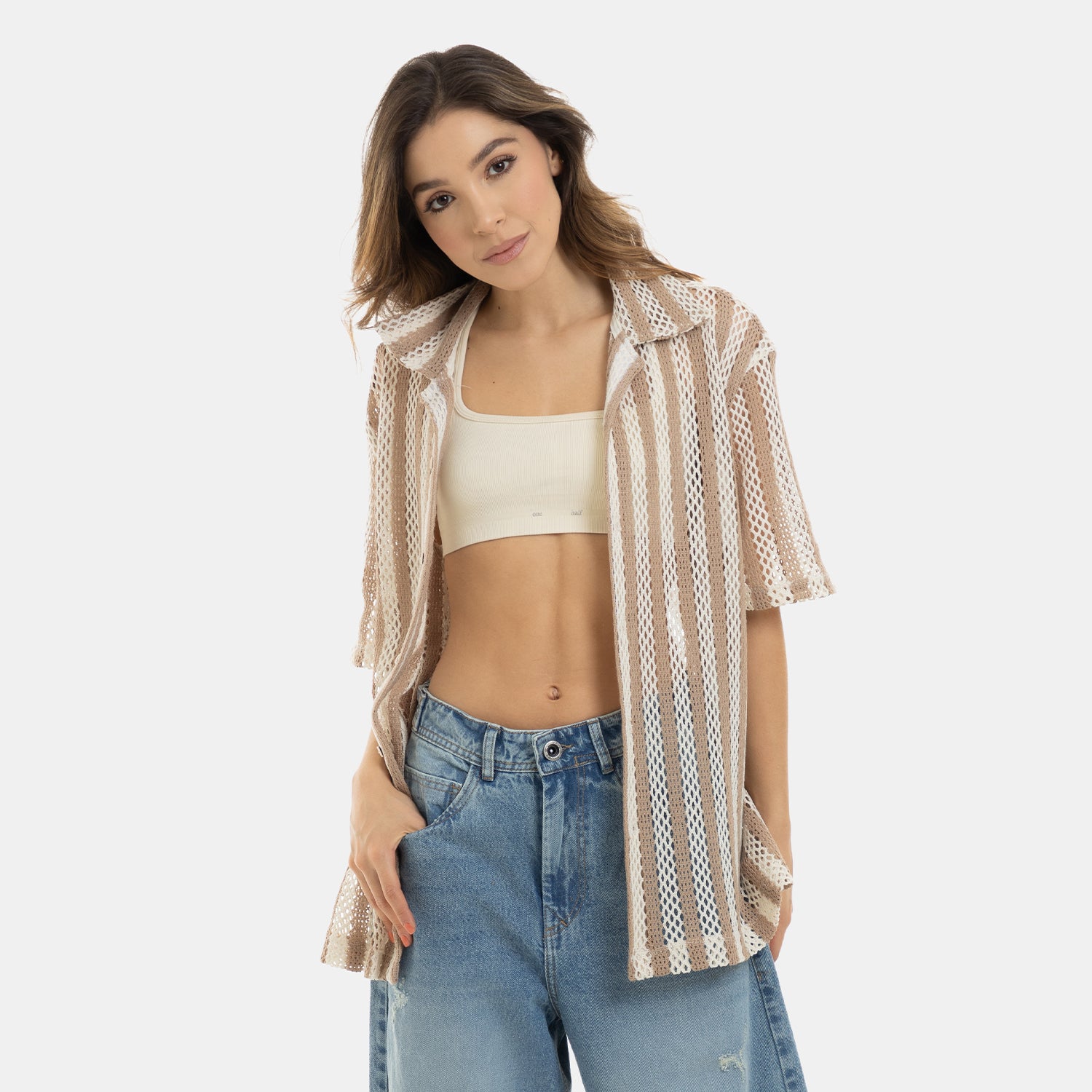 Mesh Striped Shirt Kaki WOMEN