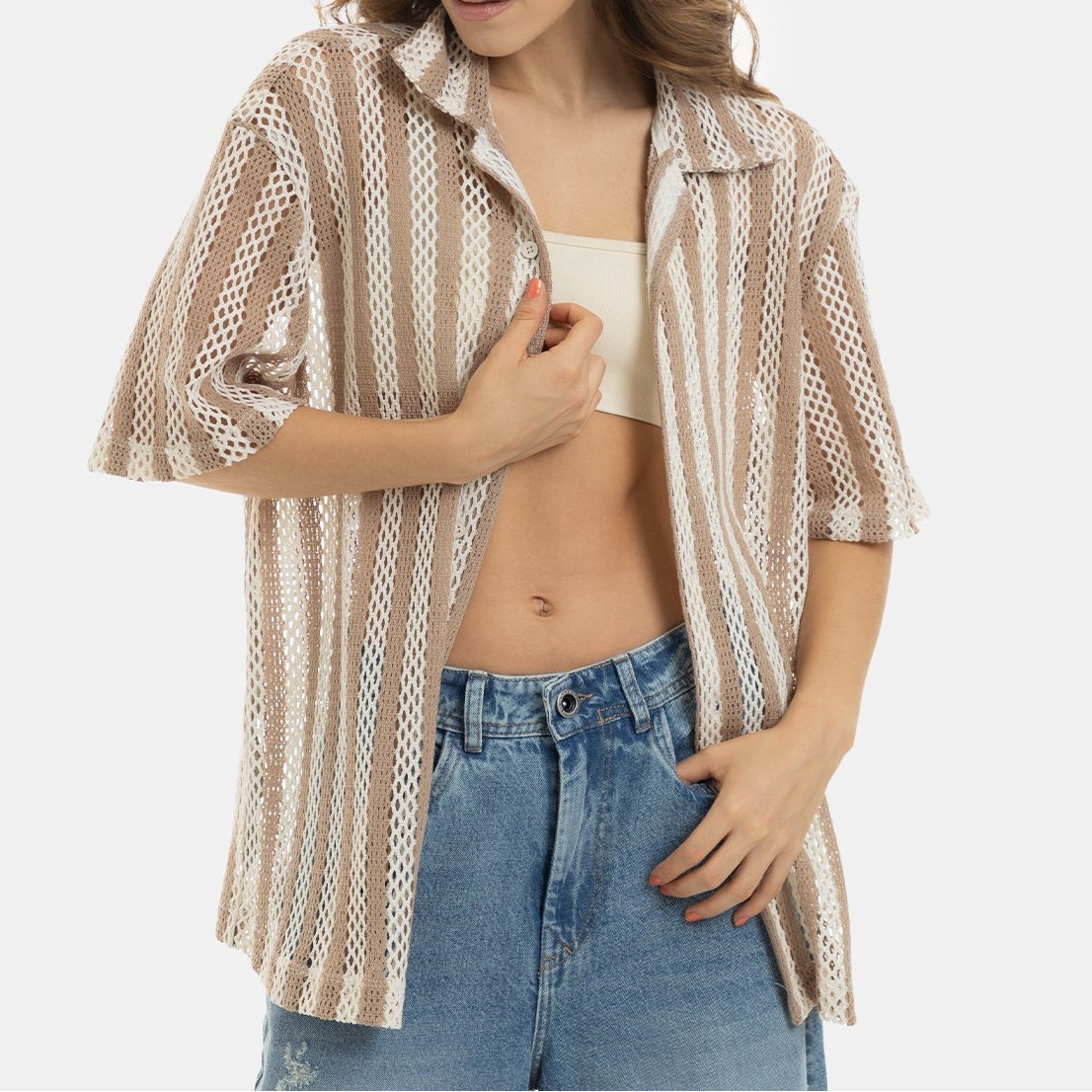 Mesh Striped Shirt Kaki