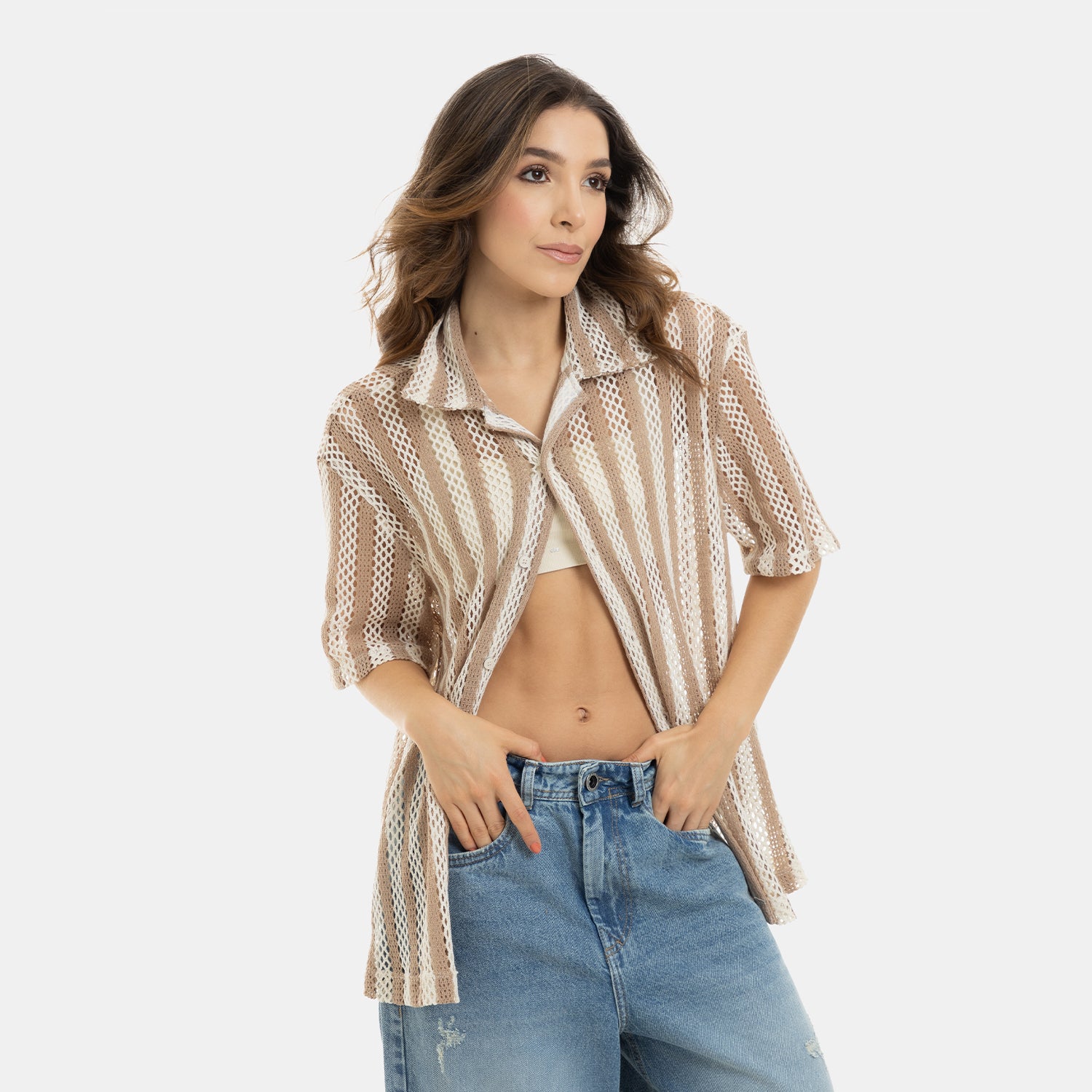 Mesh Striped Shirt Kaki WOMEN