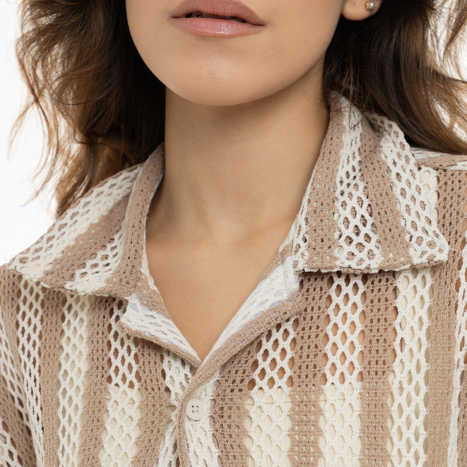 Mesh Striped Shirt Kaki WOMEN