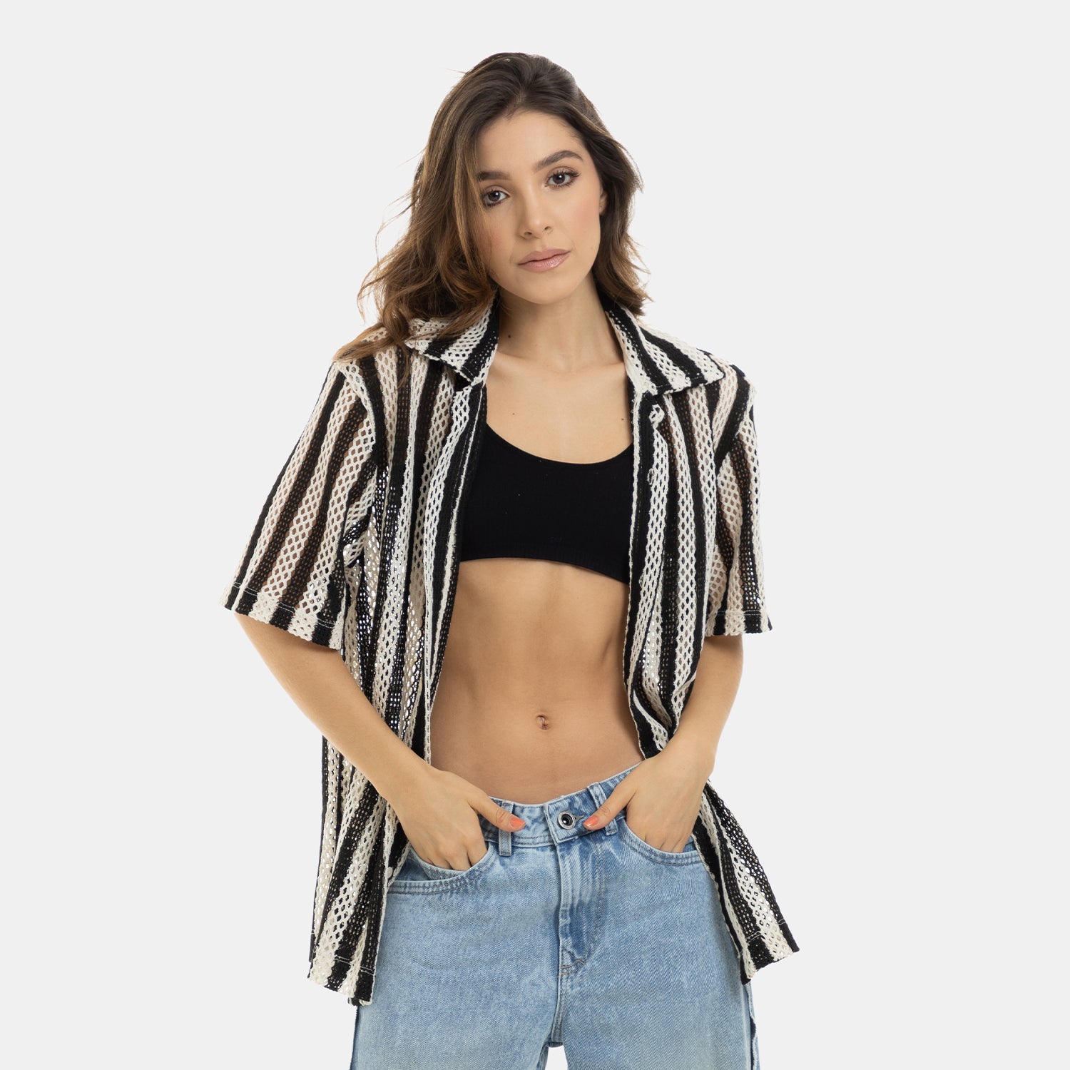 Mesh Striped Shirt Black WOMAN