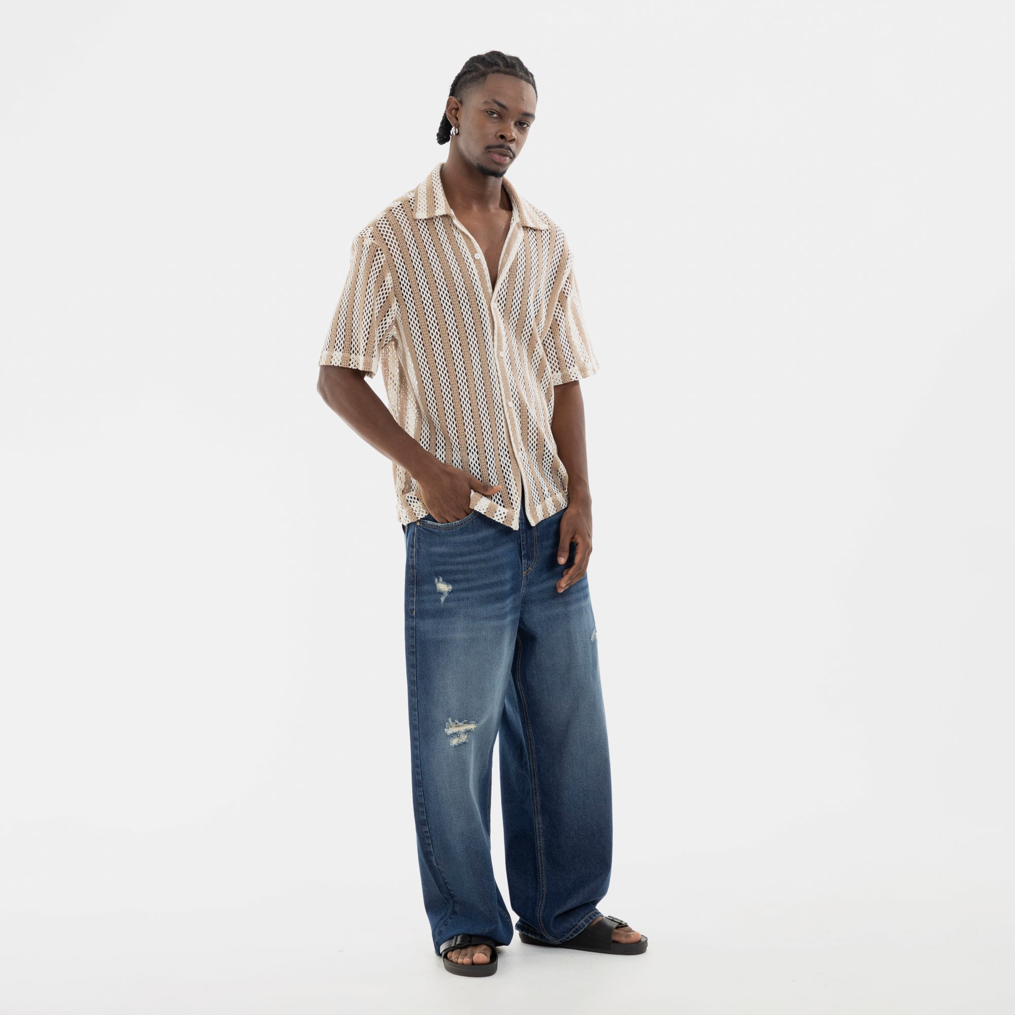 Mesh Striped Shirt Kaki