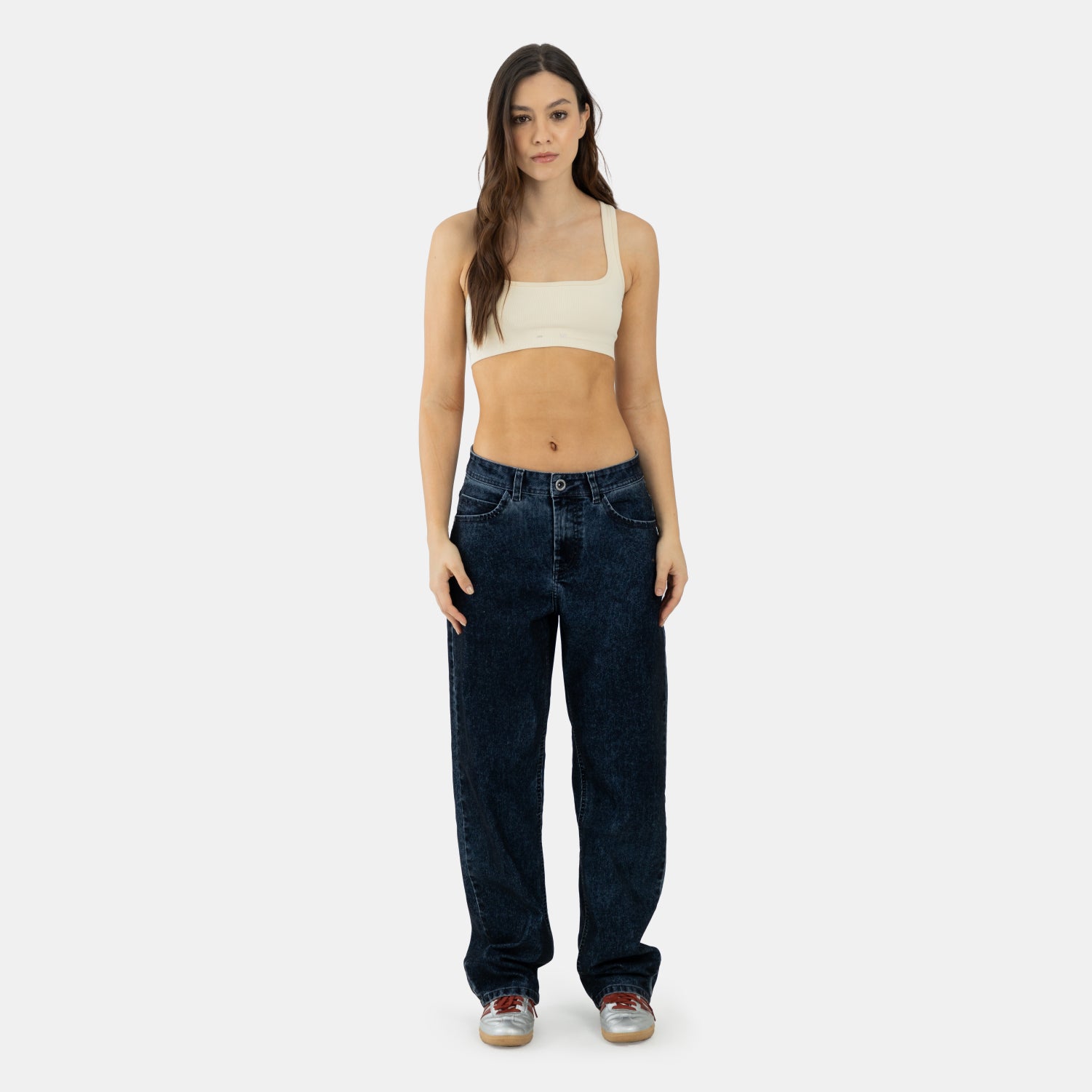 Corduroy Touch Denim Relaxed Jeans Dark Blue WOMAN