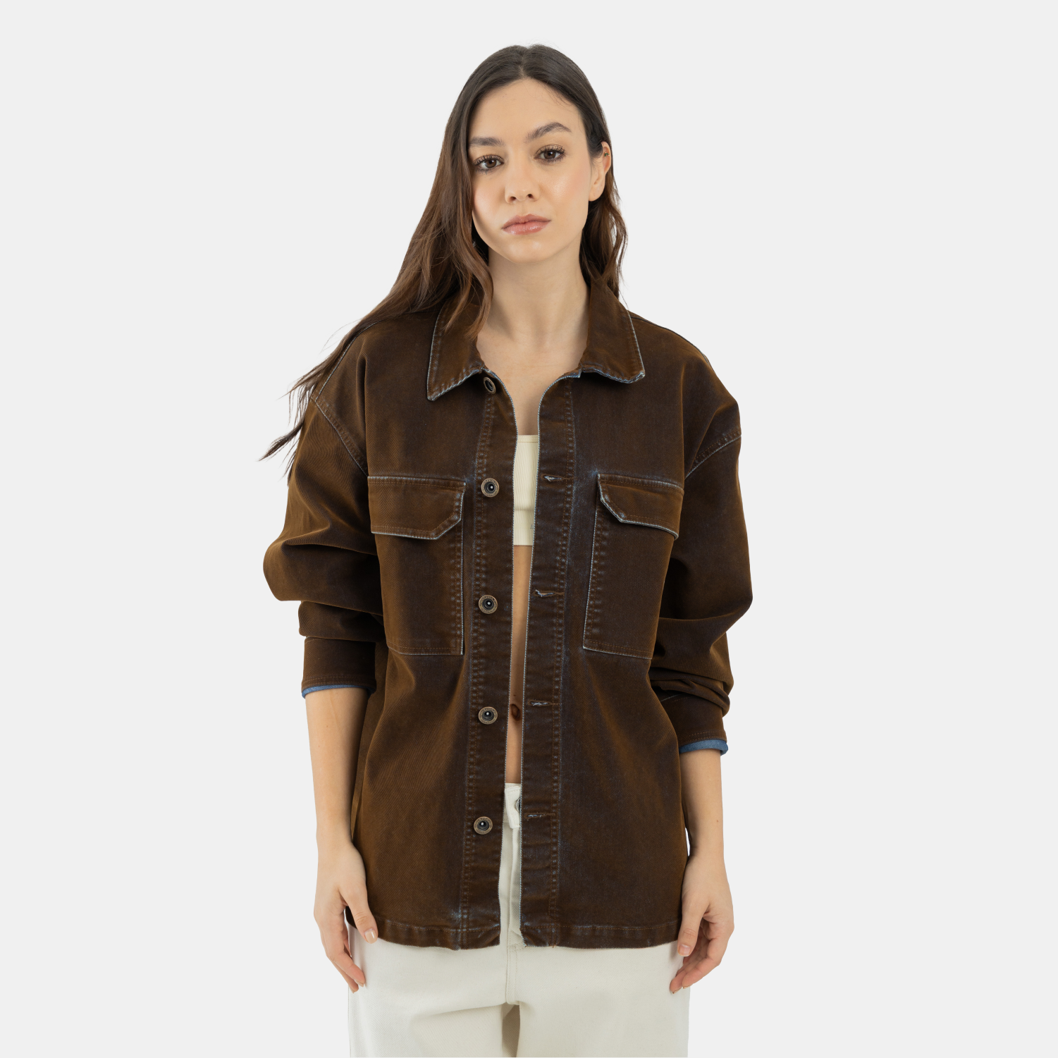 Corduroy Denim Overshirt Coffee WOMAN