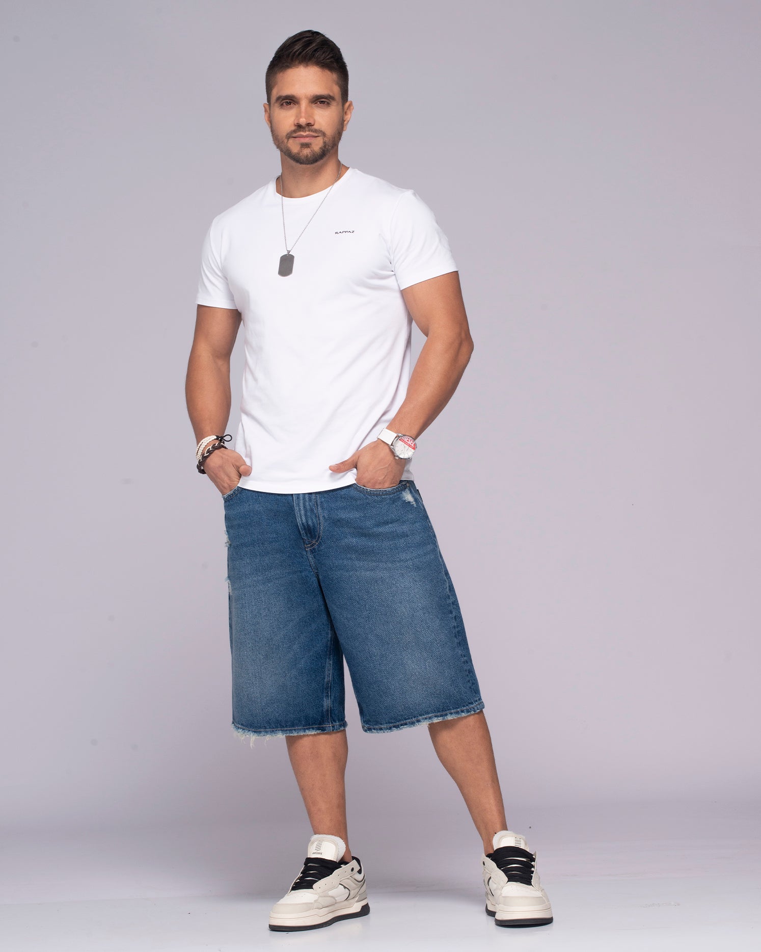 Bermuda Denim Clásica Oversize con Desgaste Marca Rappaz